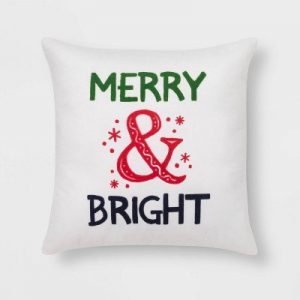 Merry & Bright' Print Square Throw Pillow Cream