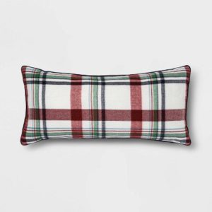 Oblong Flannel Plaid Throw Pillow Cream/Red