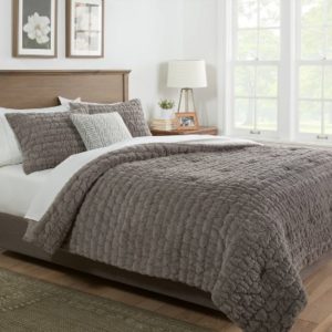 King Ruched Faux Fur Comforter & Sham Set Gray