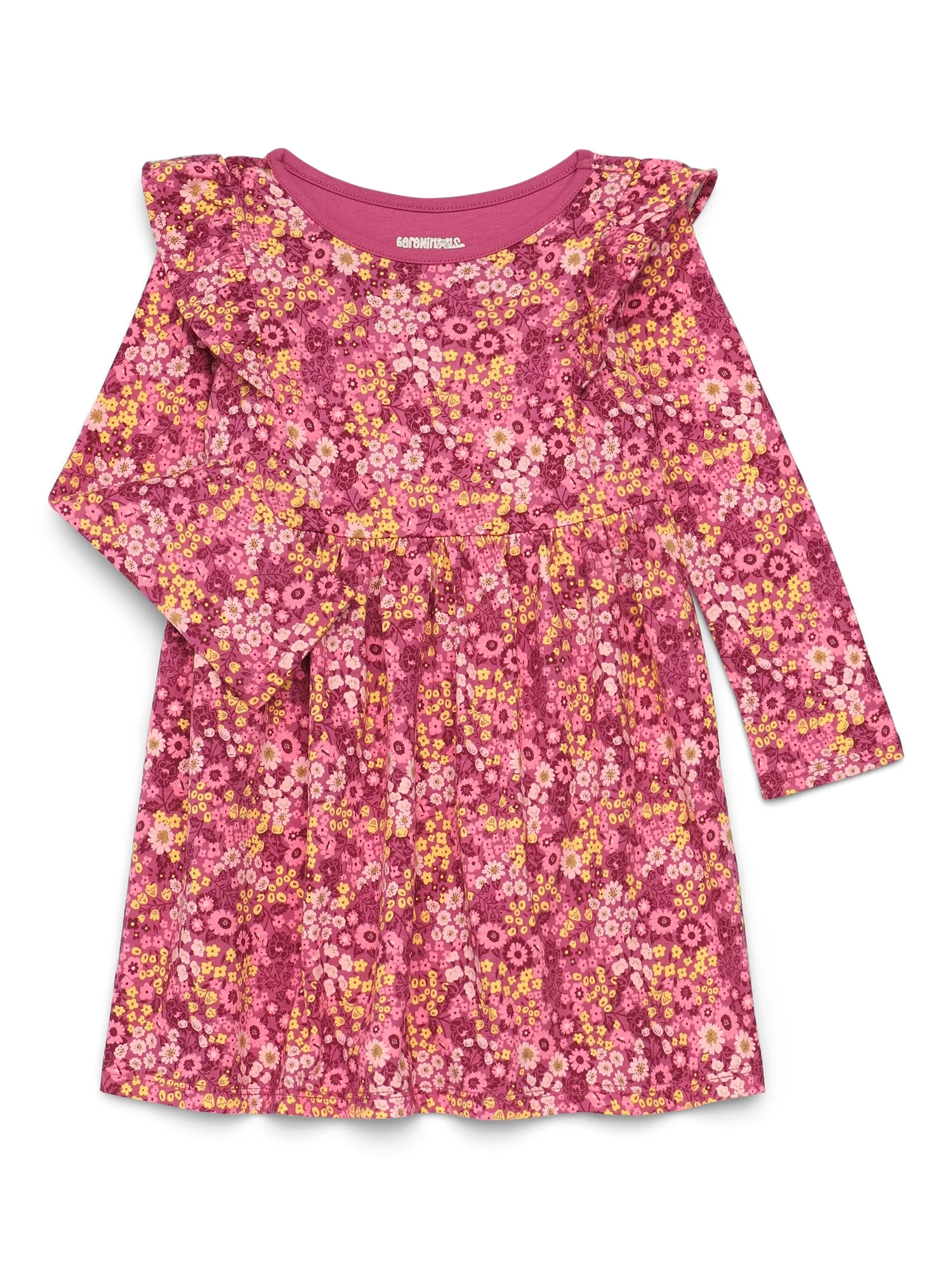 Garanimals Toddler Girl Long Sleeve Printed Dress with Ruffle Shoulders, Sizes 18M-5T