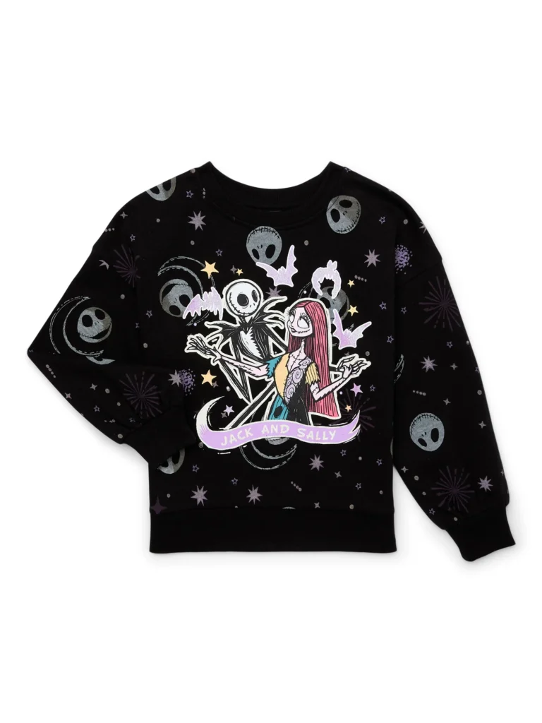 The Nightmare Before Christmas Girls Graphic Eyelash Glitter Sweater, Sizes 4-16