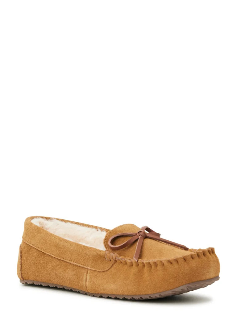 Joyspun Women's Suede Moccasin Slippers, Wide Width Available