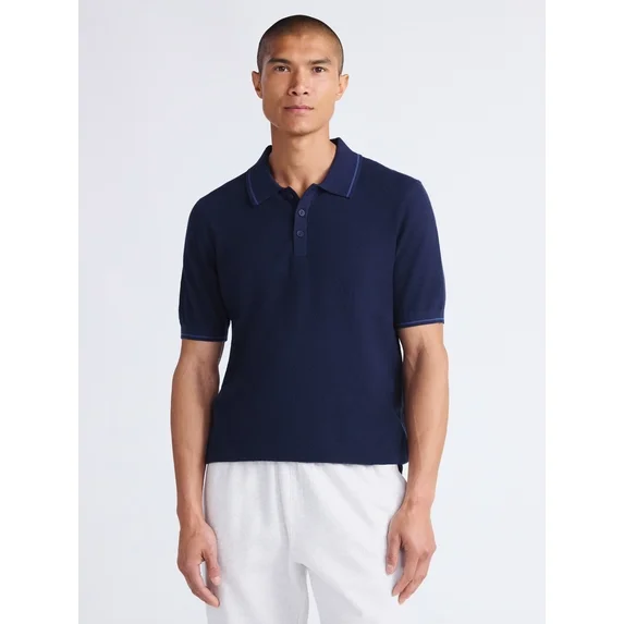 Free Assembly Men's Textured Tipped Polo Shirt with Short Sleeves, Sizes S-3XL