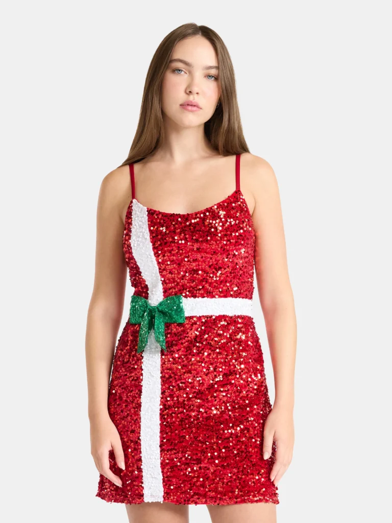 No Boundaries Christmas Present Sequin Mini Dress, Womens