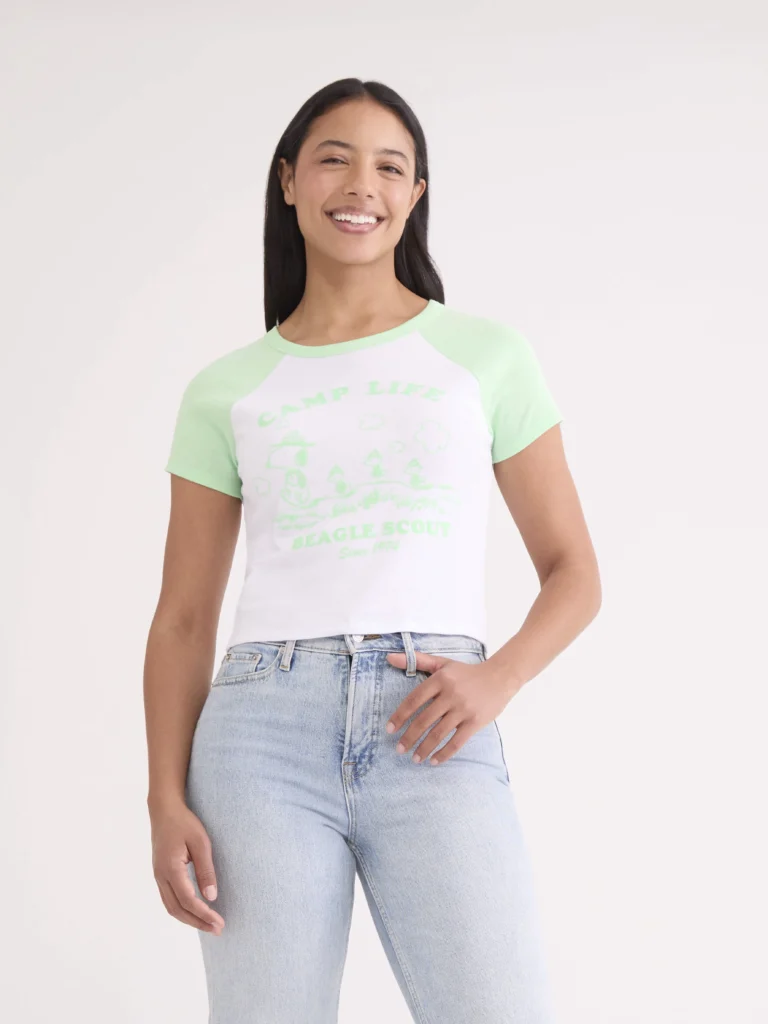 Peanuts Womens Camp Snoopy Graphic Baby Tee, Sizes XXS-XXL