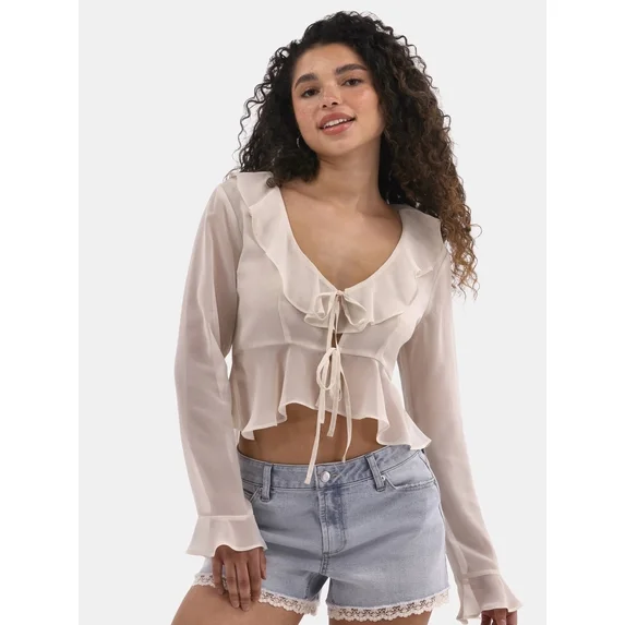 No Boundaries Woven Ruffle Top, Womens