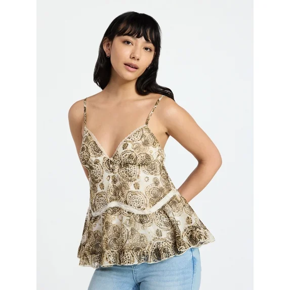 No Boundaries Woven Lace Plaid Cami, Womens Sizes XXS-XXL