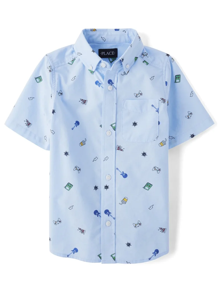 The Children's Place Boys Short Sleeve Allover Gamer Doodles Woven, Sizes XS-XXL