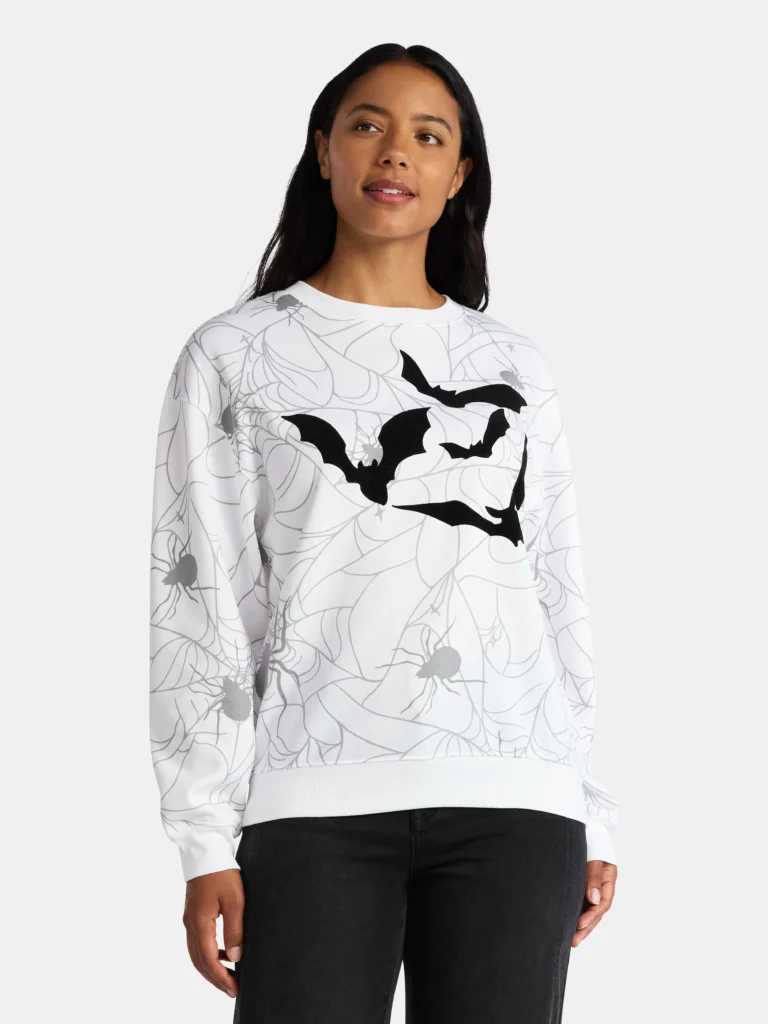 Halloween Women's Spiders and Bats Print Sweatshirt with Long Sleeves, Sizes XXS-XXL