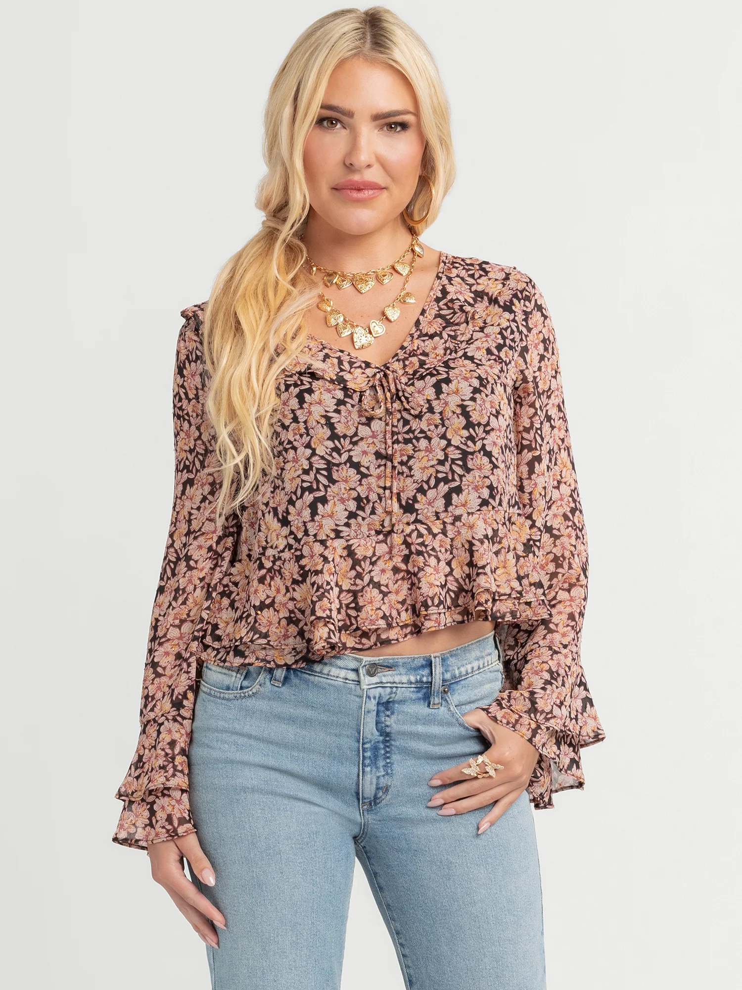 Jessica Simpson Women's Stayce Cropped Ruffle Top with Long Sleeves, Sizes XS-XL