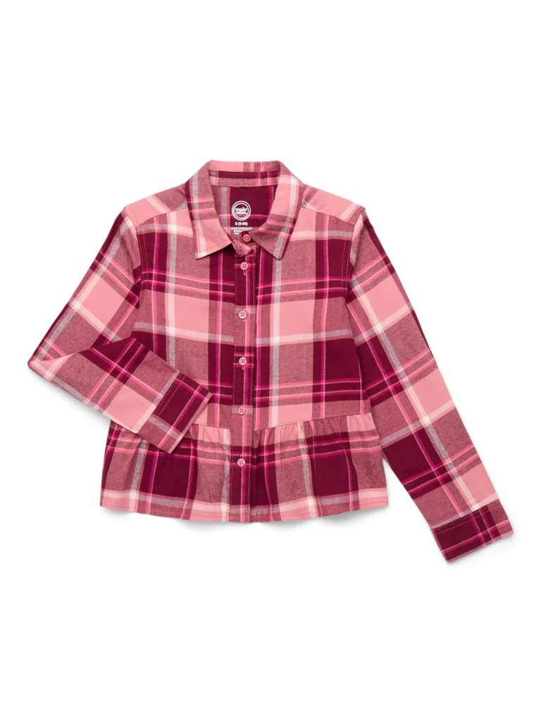 Wonder Nation Girls Flannel Shirt with Long Sleeves, Sizes 4/5-18 & Plus