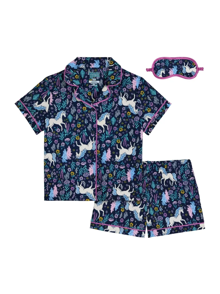 Wonder Nation Girls Short Sleeve Button Front Pajama Top and Shorts Set with Eyemask, 3-Piece, Sizes Sizes 4-18
