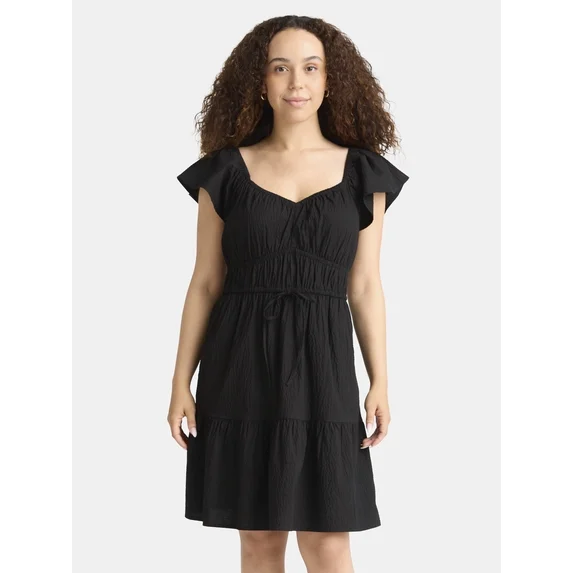 Time and Tru Women's Sweetheart Mini Dress with Flutter Sleeves, Sizes XS-3XL