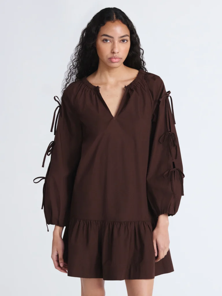Free Assembly Women's Ruffle Hem Cotton Mini Dress with Long Tie Sleeves, Sizes XS-XXL