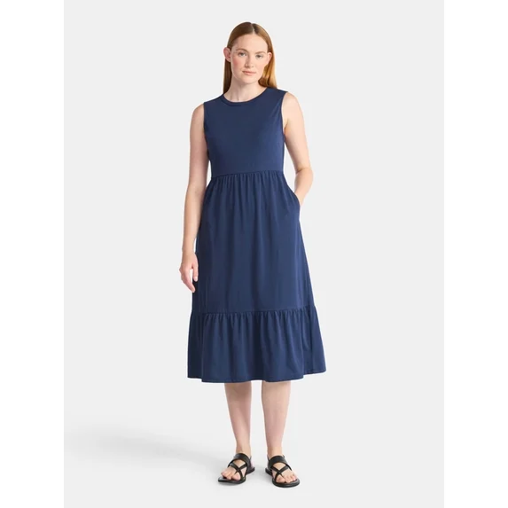 Time and Tru Women's Sleeveless Tiered Midi Dress, Sizes XS-XXXL