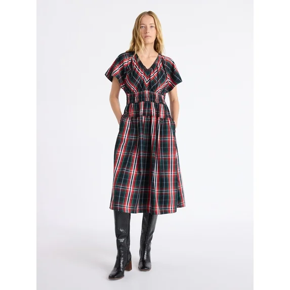 Free Assembly Women's and Women's Plus Cotton Smocked Waist Midi Dress with Flutter Sleeves, Sizes XS-4X