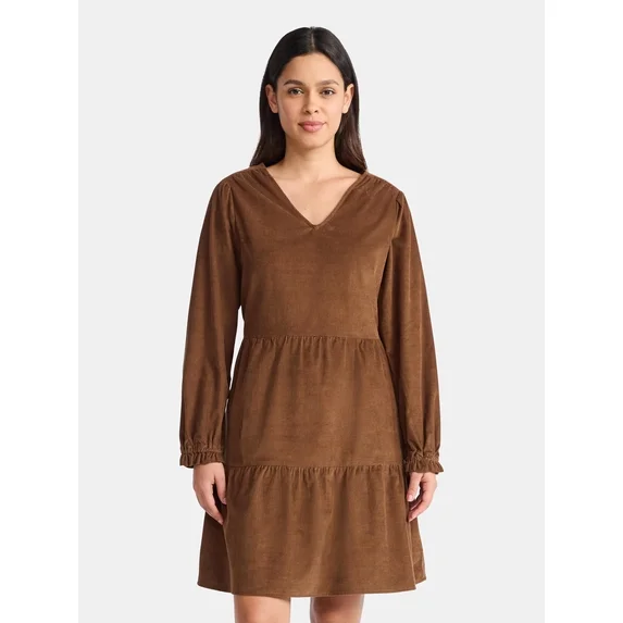 Time and Tru Women's Tiered Corduroy Dress with Long Sleeves, Sizes XS-XXXL