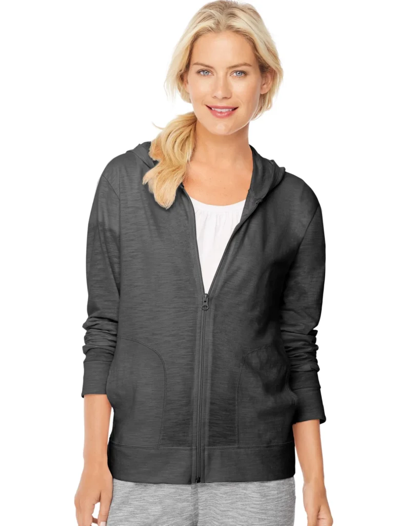 Hanes Women's Slub Jersey Full Zip Hoodie Black M