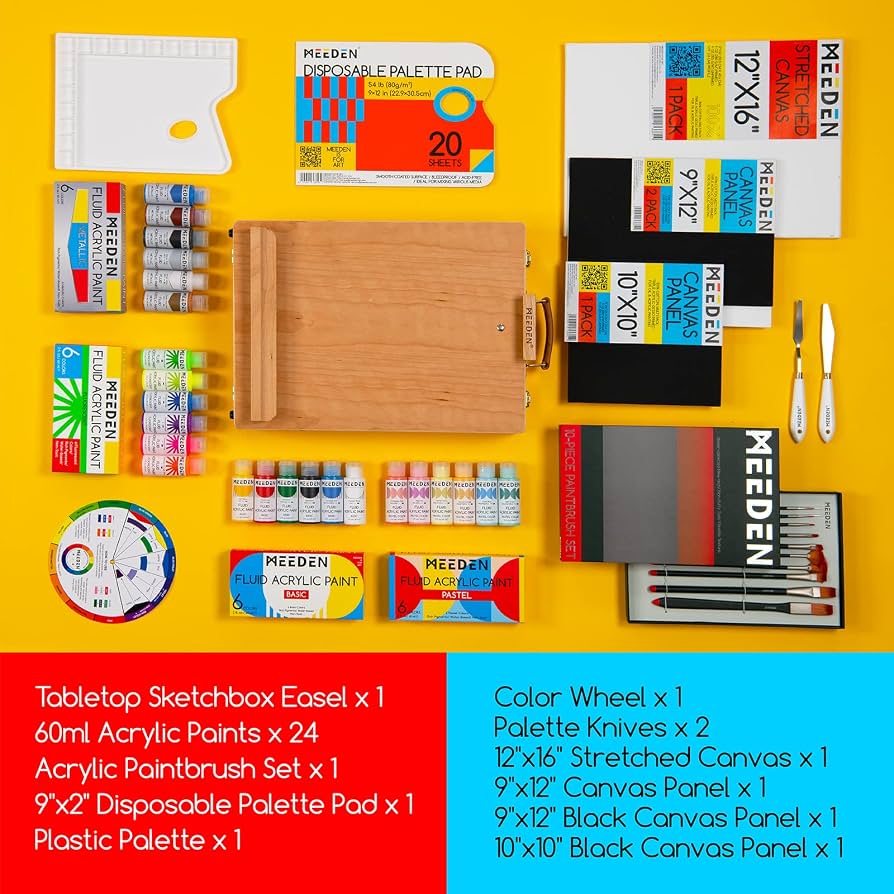 Meeden 86 Pieces Acrylic Paint Set Table Easel Beech Wood 48X20ML 12