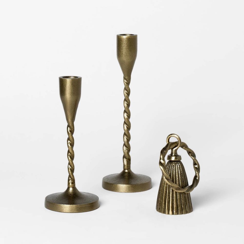 3pc Metal Taper Candle Holders and Candle Snuffer Set Gold - Threshold