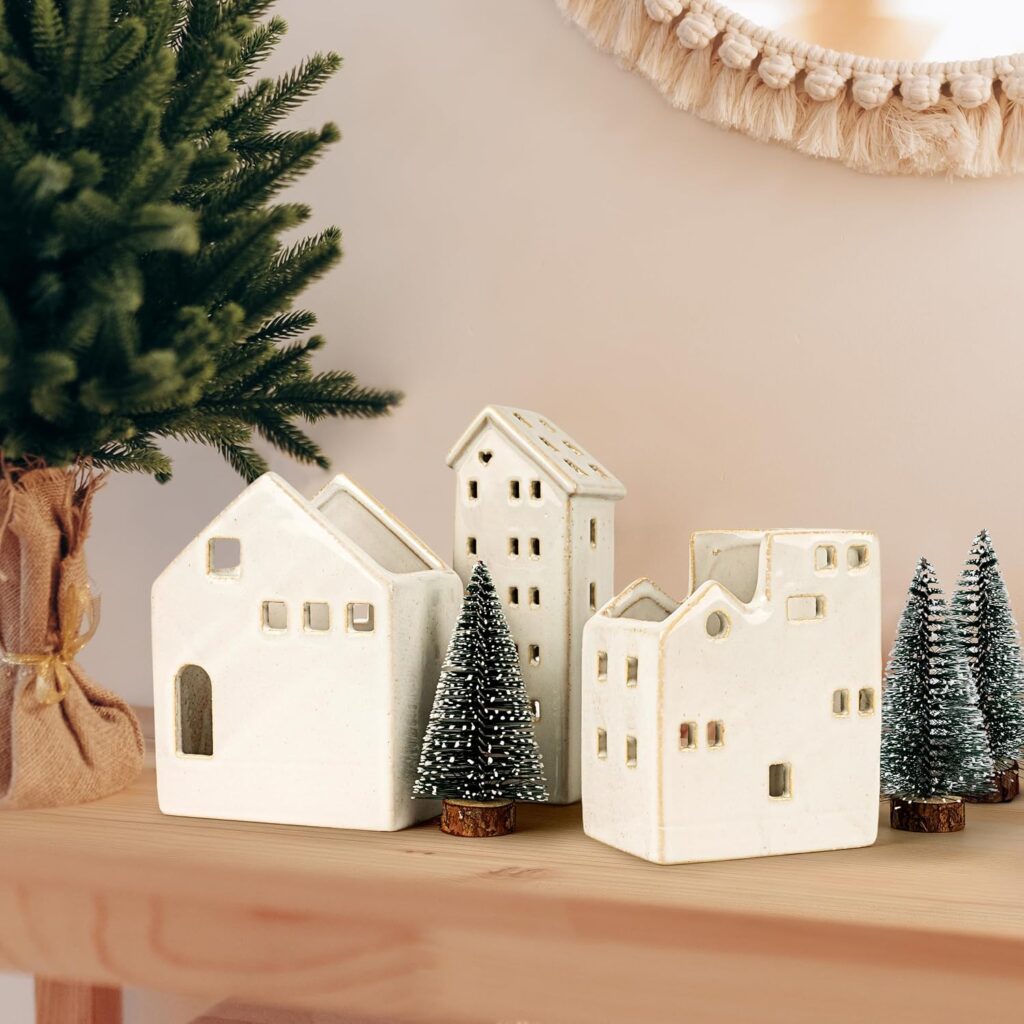 Set of 3 Ceramic Christmas Houses Beige - Threshold