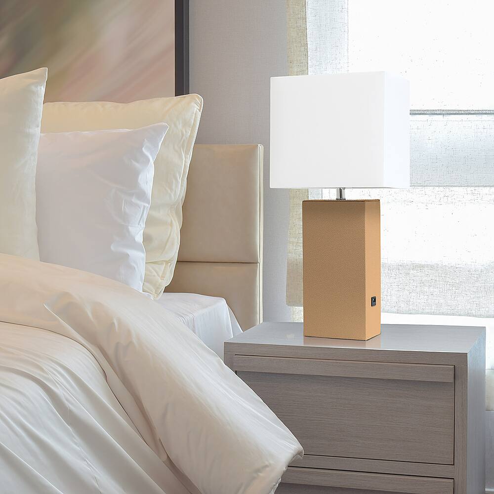 Modern Leather Table Lamp with USB and Fabric Shade White - Elegant